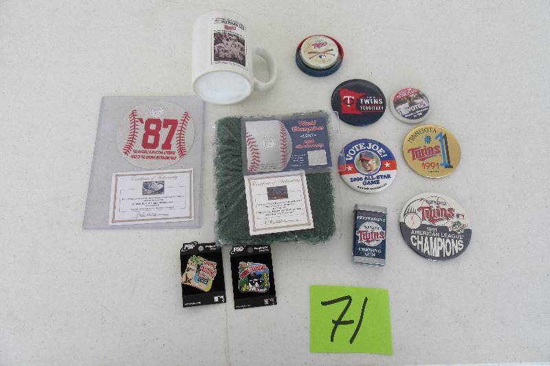 lot 71 image: Piece the Original Metrodome Roof.. Piece of the Turf.. Collectible buttons as pictured