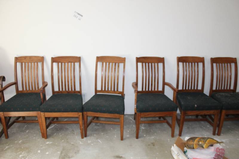 lot 161 image: Lot of (6) Wood Dining Chairs w Wood Arms, Black Padded Seats