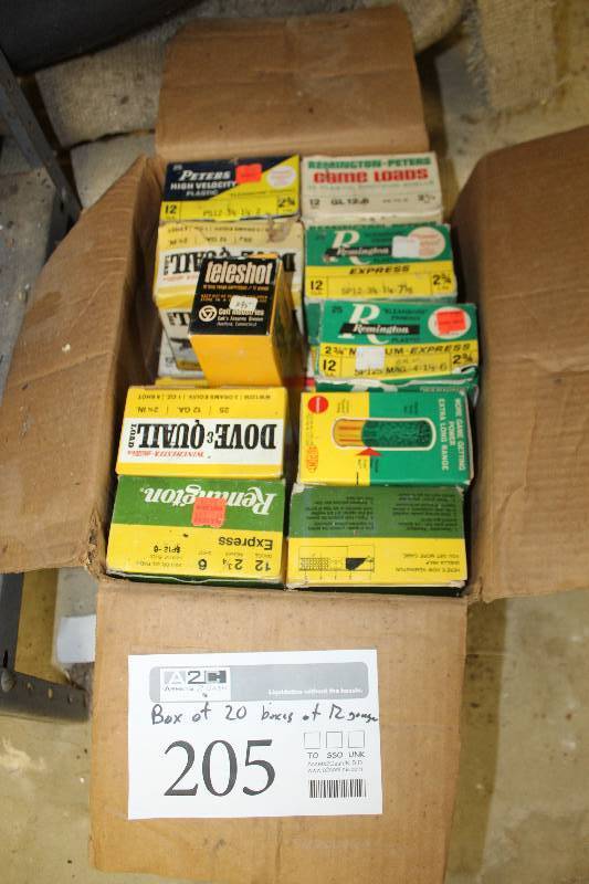 lot 205 image: Lot of (20) Boxes of 12-Gauge Ammo Includes Remington, Peters