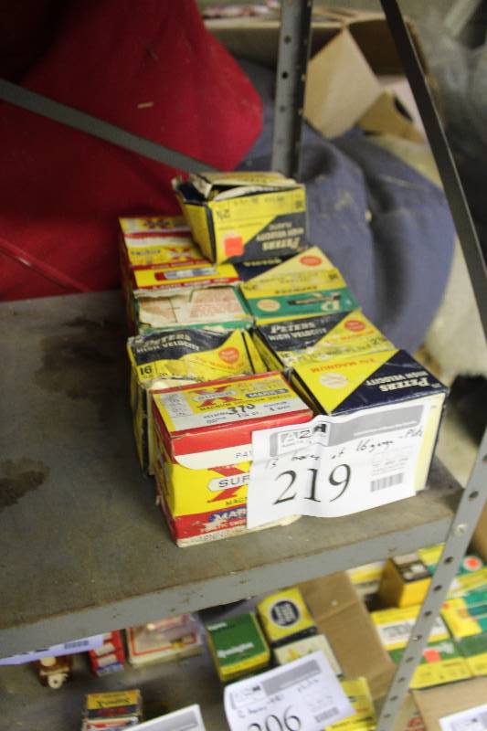 lot 219 image: Lot of (13) Boxes of 16-Gauge Plastic Ammo Includes Western, Peters