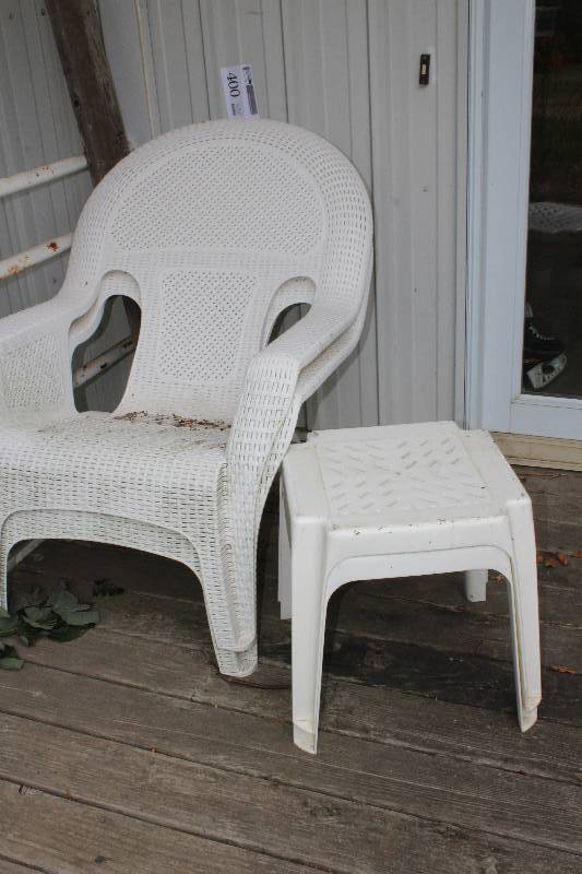 lot 400 image: 4-Piece Patio Furniture Set w 2-Plastic Chairs, 2-Plastic Foot Stools