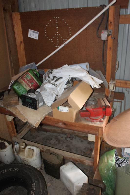 lot 337 image: Wall Unit w Contents Includes Bench Vise, Hardware, Chemicals