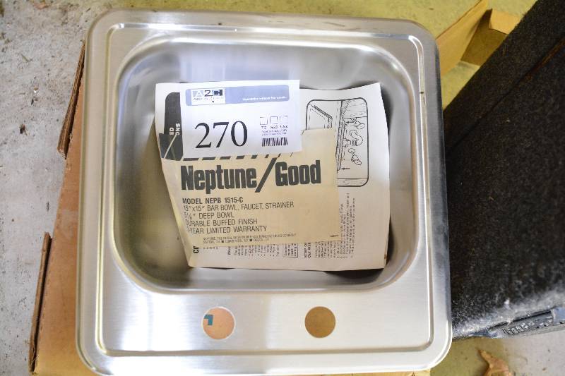 lot 270 image: Neptune Stainless Steel 15x15in. Bar Bowl w Faucet, Strainer