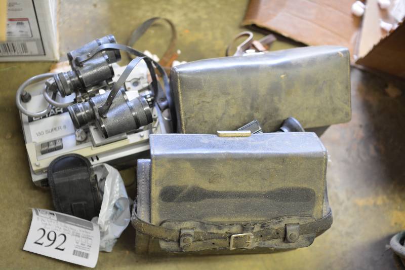 lot 292 image: Lot of (5) Camera Equipment Includes 2-Binoculars, Solex Movie Video Camera, Leica Pentax Camera Case, 130 Super 8