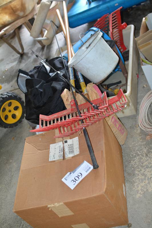 lot 309 image: Boots, Buckets, Durafork Pitchfork, ShelterLogic Bag