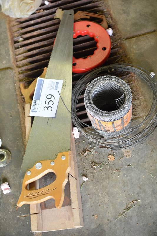 lot 359 image: Hand Tools Includes Hand Saw, Miter Box, Wire, And More