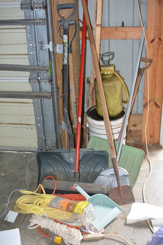 lot 397 image: Hand Tools Includes Ropes, Sprayer, Oil, 2-Shovels, 2-Brooms, Dustpan