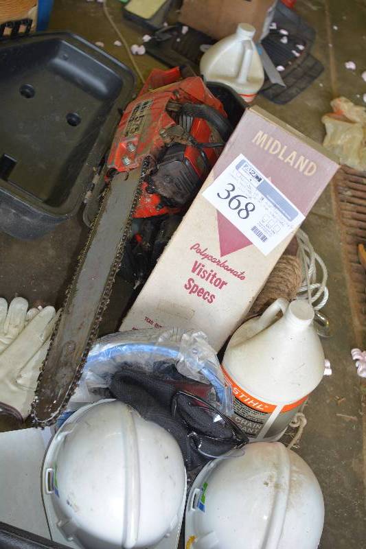 lot 368 image: Chainsaw Equipment Includes Poulan 575 24in. Saw, Safety Glasses,  Bar Oil, Rope, Hard Hats, And More