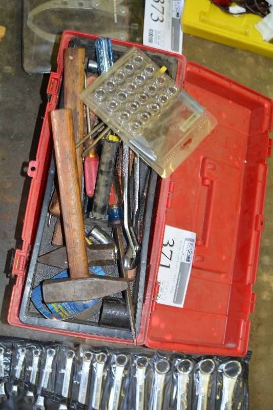 lot 371 image: Tool Box w Hand Tools - Hammers, Wrenches, Screwdrivers, And More
