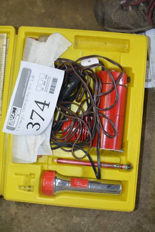 lot 374 image: Vintage Emergency Air Kit w Light, Pressure Gauge, Pump
