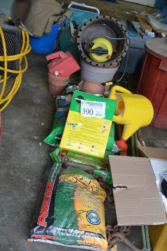 lot 390 image: Gardening Tools Includes Crabgrass Preventer, Miracle Gro, Chain, Watering Can, Pots, And More