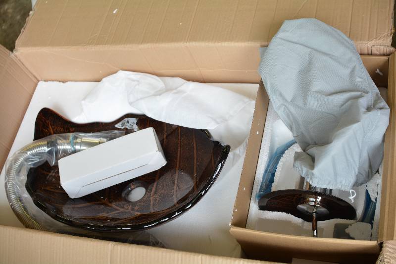 lot 392 image: Tempered Glass Vessel Sink Set w Drain, Faucet, Instructions