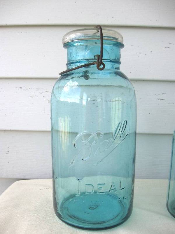 lot 9 image: Lot of Vintage, Aqua Glass Mason Jars & Aqua Glass Candy Basket