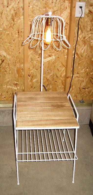 lot 65 image: MidCentury Wire  Wood End Table with Lamp  wire end table