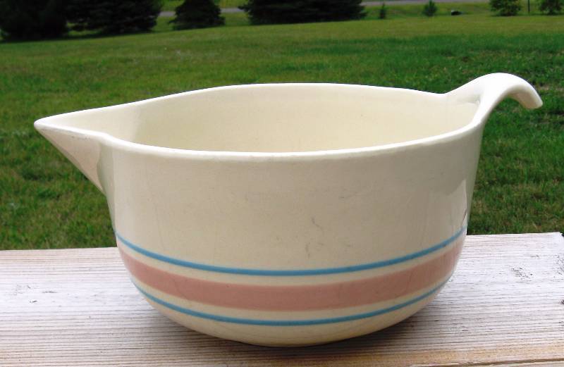 lot 33 image: Vintage, Cream Blue & Pink Band Stripe MixingBatter Bowl & (2) Canisters