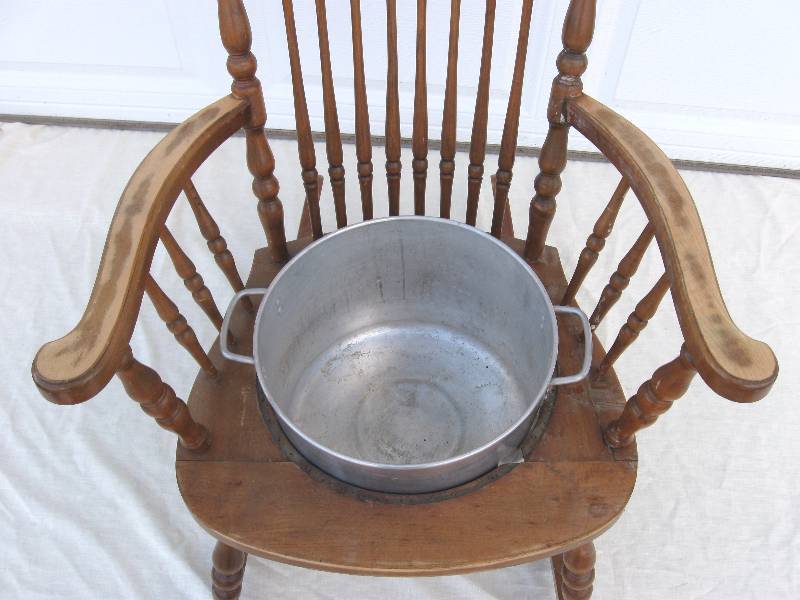 lot 68 image: Vintage, Wood Rocking Chair with Old Pan Insert for FloralsPlant