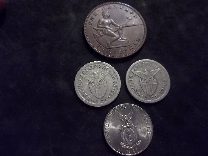 3-Silver 10 Peso Pieces 1920, 1921, 1944 D- (MS), 1-Copper 1 Centavo Piece (MS)
