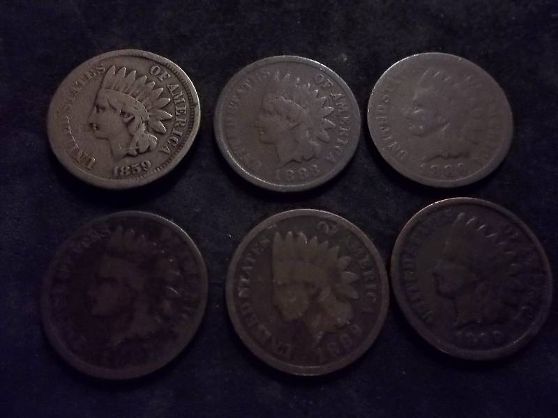 6-Indian Head Cents 1859, 1883, 1886, 1887, 1889, 1890