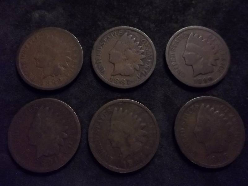 6-Indian Head Cents 1883, 1887, 1890, 1891, 1893, 1895