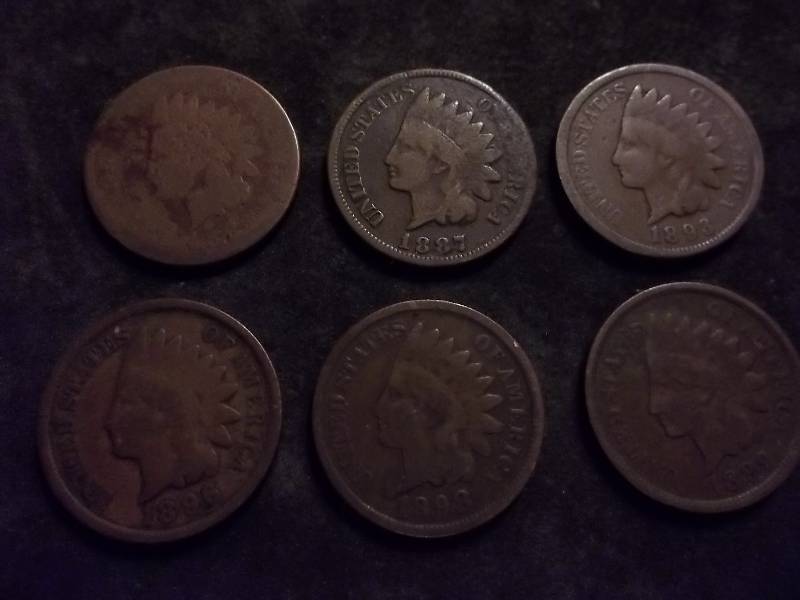 6-Indian Head Cent 1883, 1887, 1893, 1896, 1898, 1899