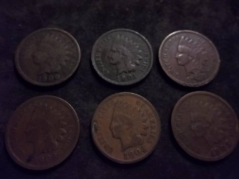6-Indian Head Cents 1900, 1901, 1902, 1903, 1904, 1905 Some With Full Liberty