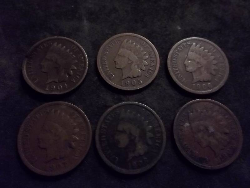 6-Indian Head Cents 1904, 1905, 1906, 1907, 1908, 1909