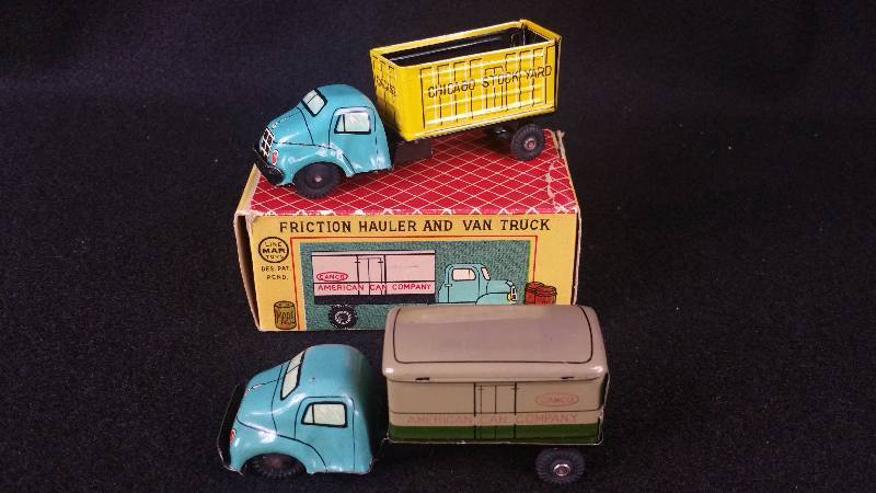 lot 5 image: Linemar Tin Friction Hauler and Van Truck
