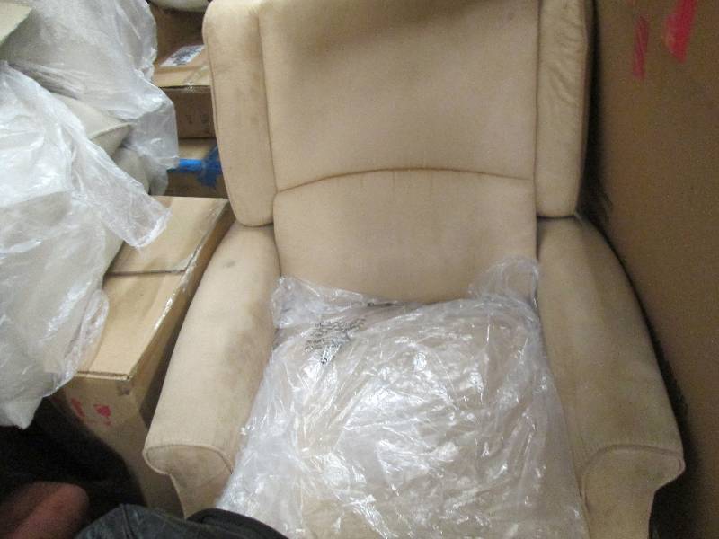 lot 43 image: Tan Wingback Chair, open box, spot...