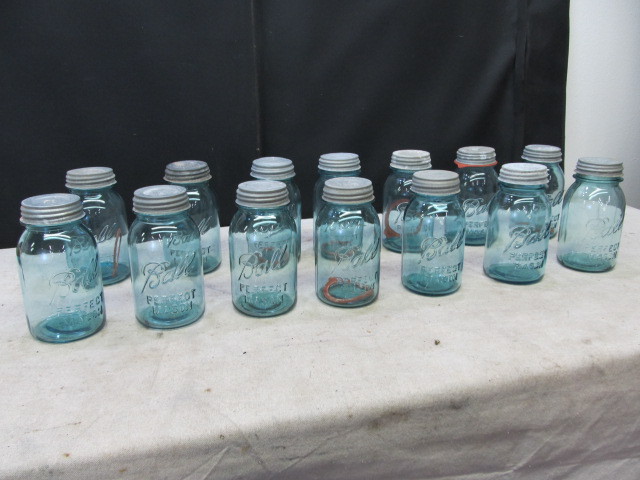 lot 48 image: Lot of 14 Vintage 1 qt BALL Perfect Mason Jars