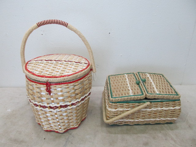 lot 81 image: 2 Woven Sewing Baskets - Both Full of Supplies