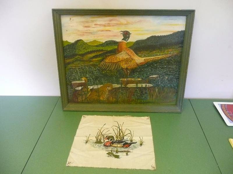 lot 4 image: Antique Original Artwork Outdoor Pieces - Framed Picture Is Approx 25wide 20high - Duck Is On Material, Very Old - See Pictures
