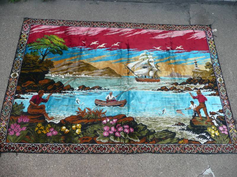 lot 6 image: Vintage Large Fishing Tapestry - Approx 68wide 46high - Nice - See Pictures