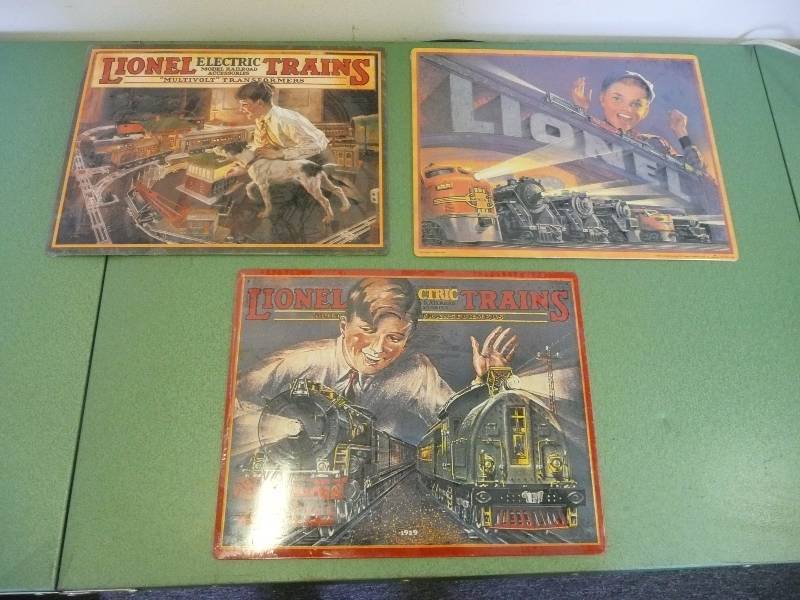 lot 13 image: 3 Vintage Lionel Train Tin Signs - In New Condition - See Pictures
