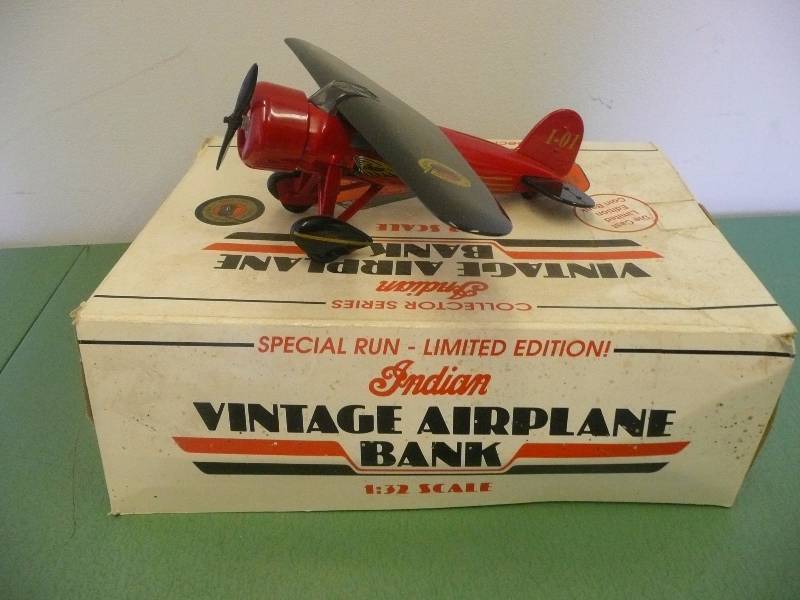 lot 24 image: INDIAN MOTORCYCLE VINTAGE AIRPLANE BANK 132 SCALE - DIE CAST LIMITED EDITION, SPECIAL RUN - SPEC CAST 1992 - SEE PICTURES