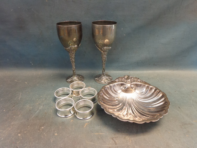 lot 33 image: Silver Plate Wine Glasses, Dish and Napkin rings