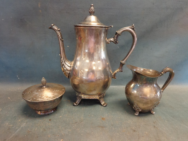 lot 54 image: Silver Plate Teapot with Cream and Sugar Dishes
