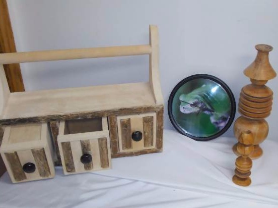 lot 23 image: Natural Wood Shelf and Hand Carved Wood Candle Holder