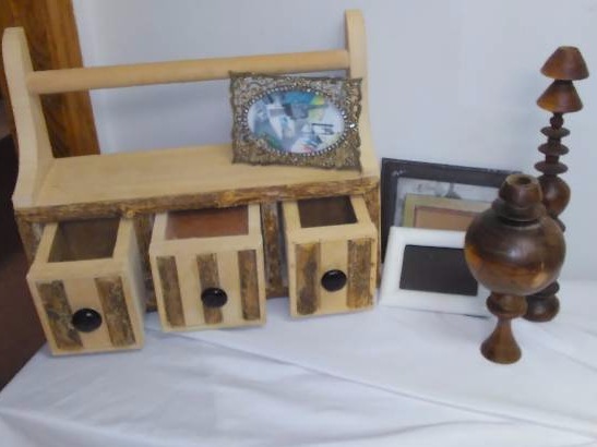 lot 24 image: Natural Wood Shelf and Hand Carved Wood Candle Holder (2