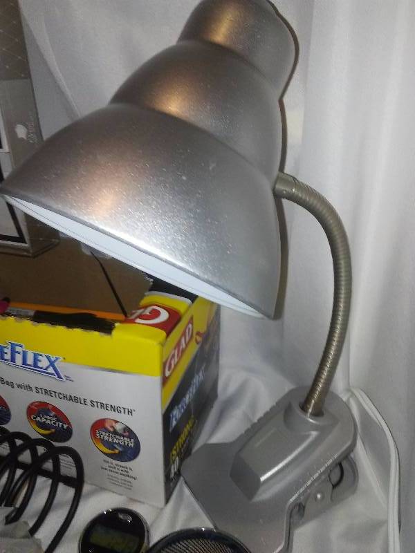 lot 113 image: Office Lot, lamp, desk supplies, CDs and Labels, Card Stock (black 3 packs of 50 each, new) and much more