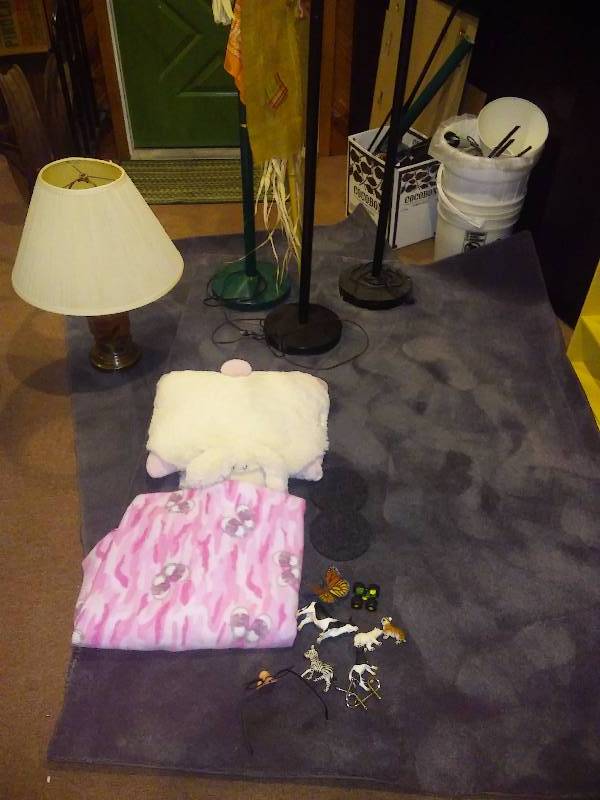 lot 121 image: Like any good Auction  here is our value lot Carpet, 4 lamps, scarecrow, fleece throw and pillow AND  more.