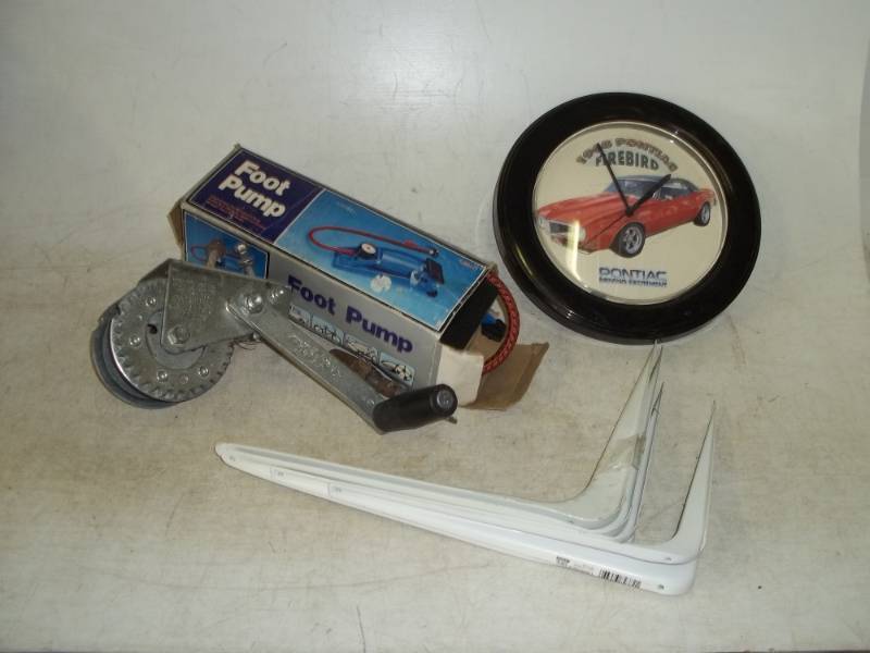 lot 125 image: Boat Trailer Winch, Clock, Foot Pump, Shelving Brackets