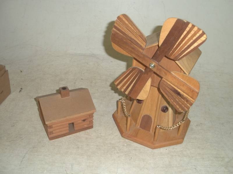 lot 244 image: Wood windmill music Box and wood log house dcor