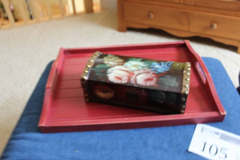 lot 105 image: Wood Serving Tray, Jewelry Box