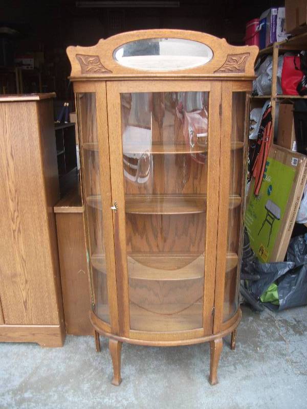 Vintage Oak Curio Cabinet With Curved Glass Beach Theme Home