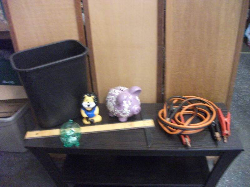 lot 6 image: Jumper Cables, Trash Can, Straight Edge, 3-Coin Banks