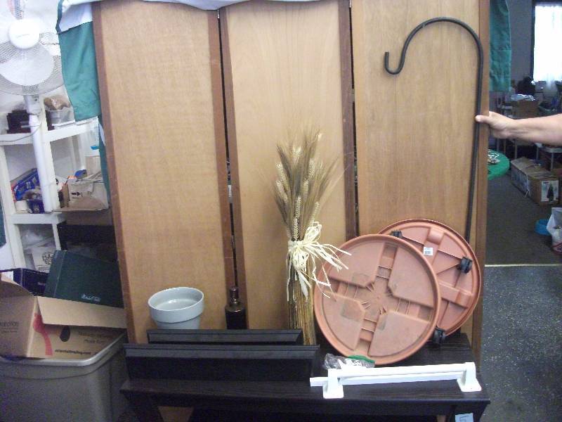 lot 7 image: 2-Floating Shelves, 2-Planter Caddies, Shepherd Hook, Misc