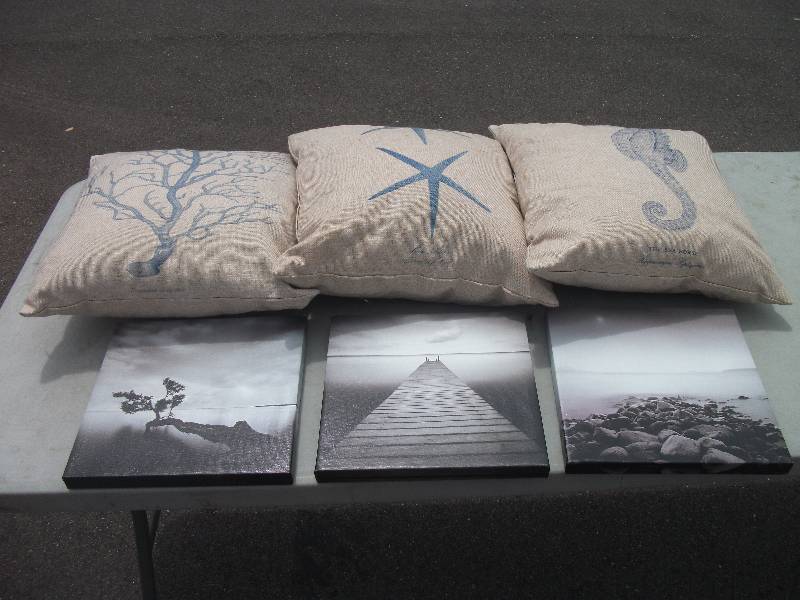 lot 24 image: 3-Bench Throw Pillows & Canvas Prints