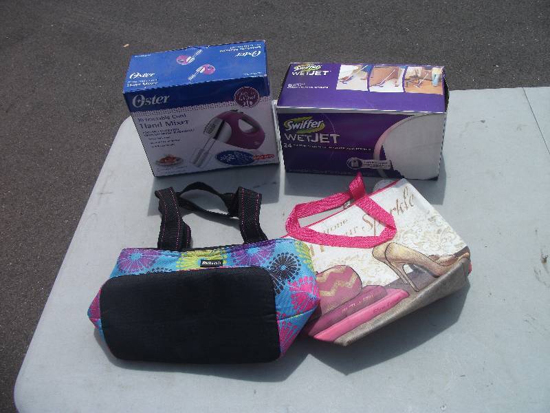 lot 42 image: New Hand Mixer, Swiffer Wet Jet, Pad Refills, 2-Lunch Totes