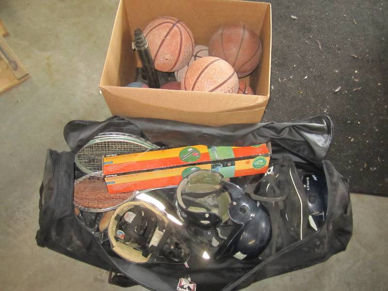 lot 100 image: Large box and golf bag full of misc...