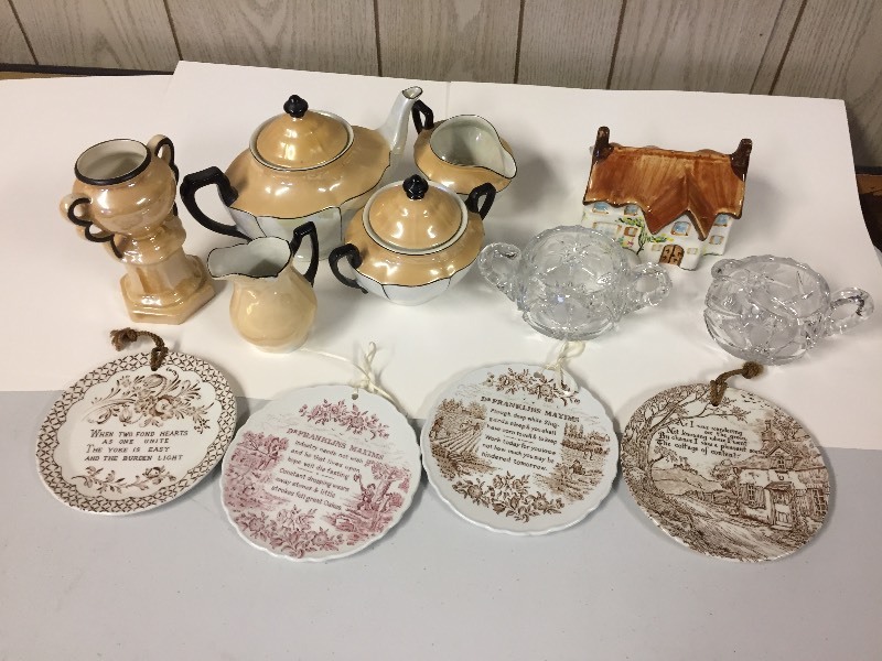 lot 6 image: Czech Tea Set, Cut Glass Creamer & Sugar, Poem Plates, Potpourri Cottage